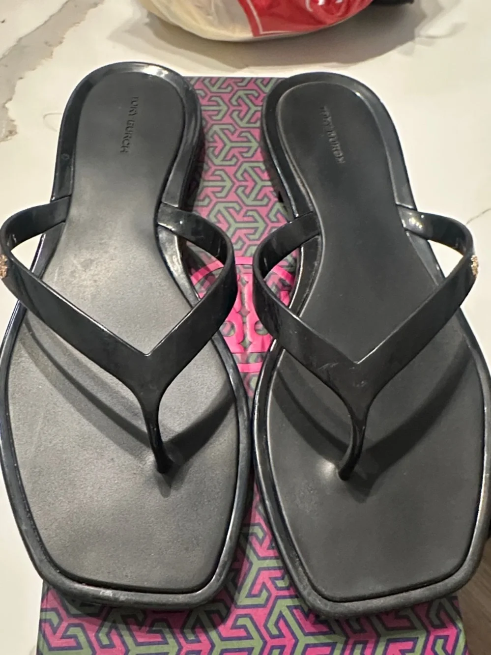 Tory Burch Black Square-Toe Jelly Thong Sandals